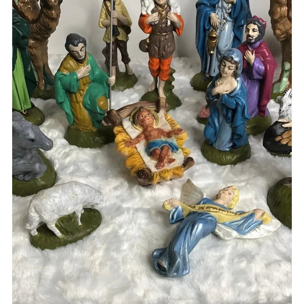 Vintage Christmas Nativity Set Atlantic Mold 17 Piece Ceramic 1970 Hand Painted‎